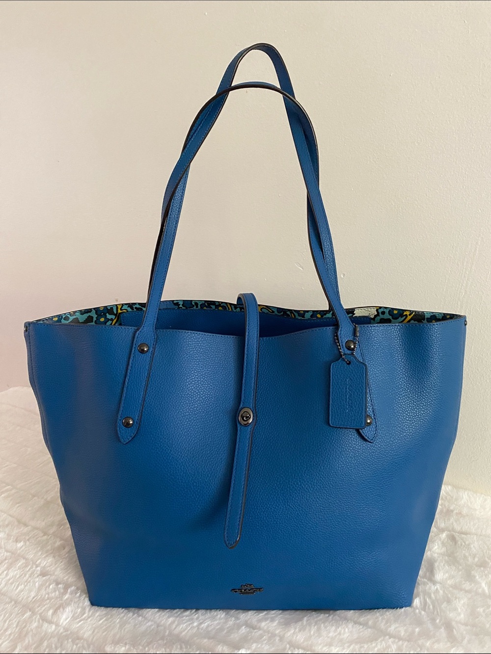 Coach Market Tote Bag In Blue Pebble Leather w/ Floral Interior